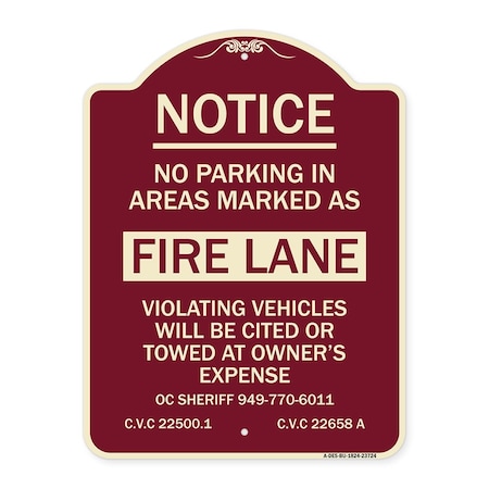 No Parking In Areas Marked As Fire Lane CVC Section 22500.1 And 22658 A Aluminum Sign